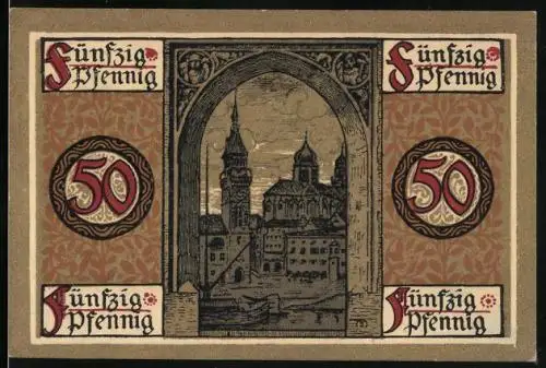 Notgeld Passau 1918, 50 Pfennig, Hafenpartie mit Blick auf die Kirche