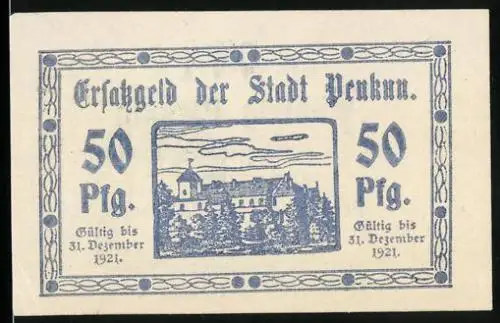 Notgeld Penkun 1920, 50 Pfennig, Blick aufs Schloss