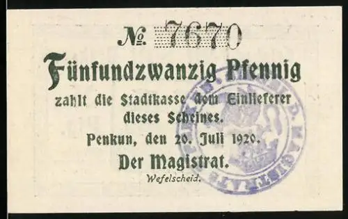 Notgeld Penkun 1920, 25 Pfennig, Blick zum Schloss