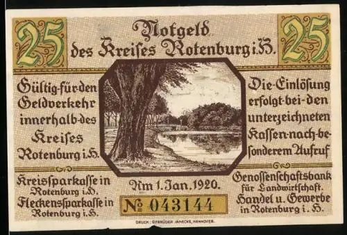 Notgeld Rotenburg i. H. 1920, 25 Pfennig, Uferpartie unter einem Baum