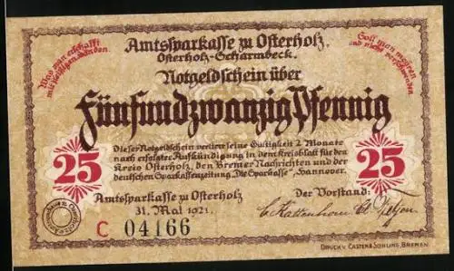 Notgeld Osterholz 1921, 25 Pfennig, Amtssparkasse im Kreishaus