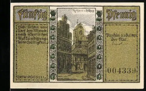 Notgeld Parchim 1921, 50 Pfennig, Rathaus und St. Georg