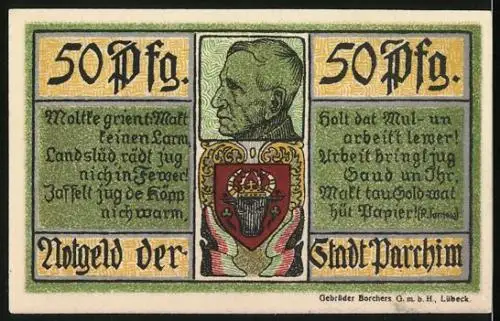 Notgeld Parchim 1921, 50 Pfennig, Rathaus und St. Georg