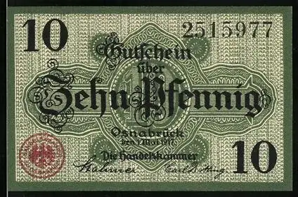 Notgeld Osnabrück 1917, 10 Pfennig, Ausgestellt von der Handelskammer