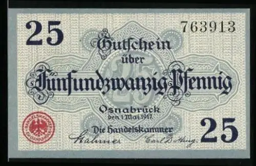 Notgeld Osnabrück 1917, 25 Pfennig, Ausgestellt von der Handelskammer