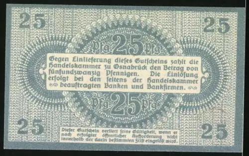 Notgeld Osnabrück 1917, 25 Pfennig, Ausgestellt von der Handelskammer