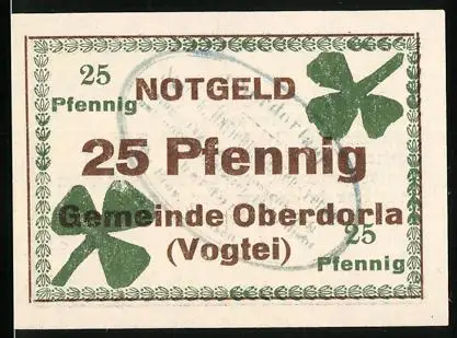 Notgeld Oberdorla (Vogtei), 25 Pfennig, Kleeblätter