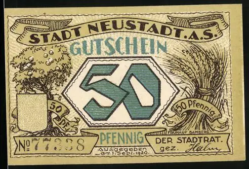 Notgeld Neustadt a. S. 1920, 50 Pfennig, Kirch und Burgtürme