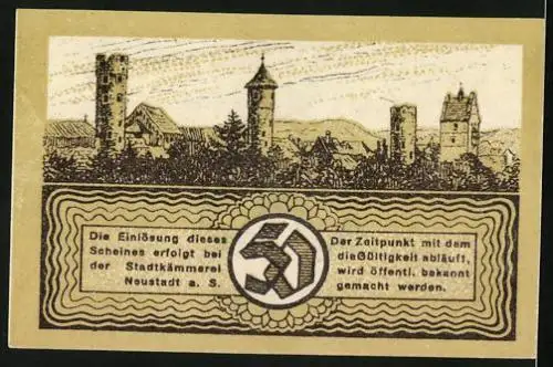 Notgeld Neustadt a. S. 1920, 50 Pfennig, Kirch und Burgtürme