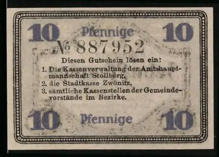 Notgeld Stollberg 1920, 10 Pfennig, Amtshauptmann Dr. Venus