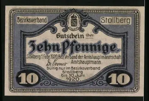 Notgeld Stollberg 1920, 10 Pfennig, Amtshauptmann Dr. Venus