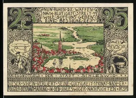 Notgeld Schleswig, 25 Pfennig, Ortsansicht am Fluss aus der Vogelschau