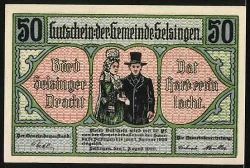 Notgeld Selsingen 1920, 50 Pfennig, Ehepaar in lokaler Mode