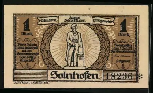 Notgeld Solnhofen 1921, 1 Mark, Sola-Gruft und Aloys Senefelder