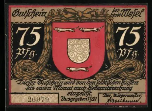 Notgeld Wesel 1921, 75 Pfennig, Das Todesurteil der Schillschen Offiziere