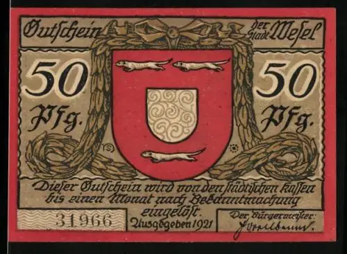 Notgeld Wesel 1921, 50 Pfennig, Hauptwache und Eingang zur Schillkasematte