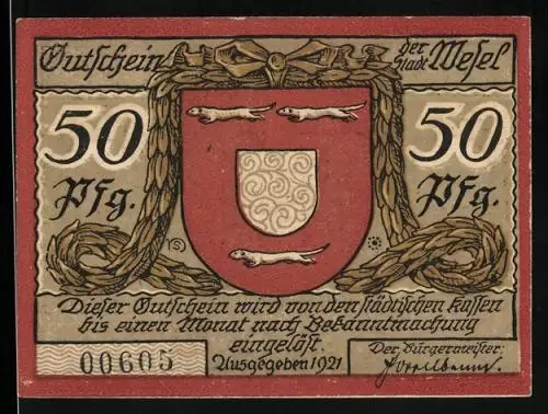 Notgeld Wesel 1921, 50 Pfennig, Preussen-Denkmal der 11 Schill'schen Offiziere