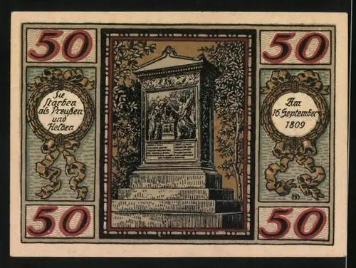 Notgeld Wesel 1921, 50 Pfennig, Preussen-Denkmal der 11 Schill'schen Offiziere