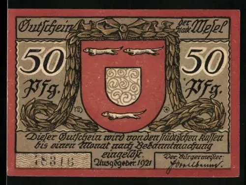 Notgeld Wesel 1921, 50 Pfennig, Denkmal der Schillschen Offiziere