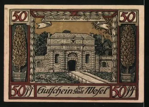 Notgeld Wesel 1921, 50 Pfennig, Das Zitadelltor mit Schill-Kasematte