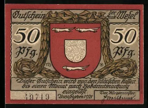 Notgeld Wesel 1921, 50 Pfennig, Die Hauptwache und der Eingang zur Schillkasematte