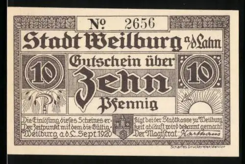 Notgeld Weilburg a. d. Lahn 1920, 10 Pfennig, Die Landwirtschaftsschule und die Wetterdienststelle