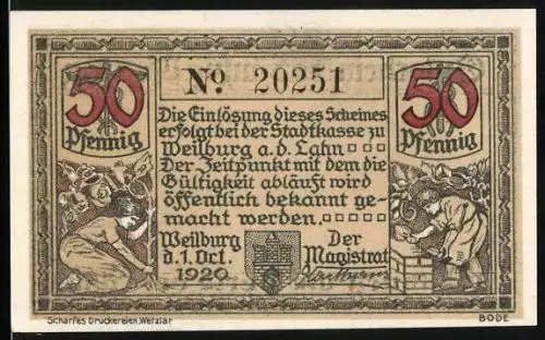 Notgeld Weilburg a. d. Lahn 1920, 50 Pfennig, Ortschaftspanorama am Fluss