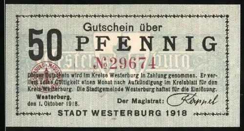 Notgeld Westerburg 1918, 50 Pfennig, Ortsansicht mit Kirche