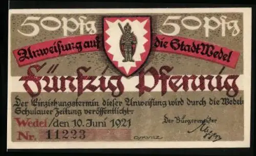 Notgeld Wedel 1921, 50 Pfennig, Sandsteinstatue Karls des Grossen