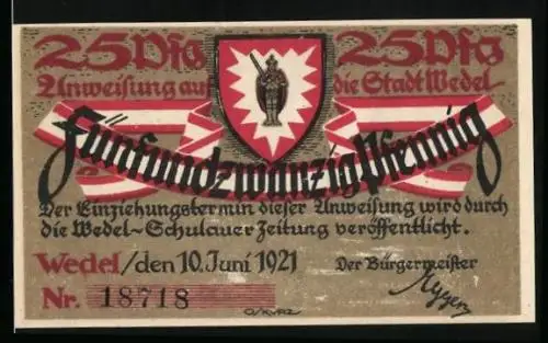 Notgeld Wedel 1921, 25 Pfennig, Prediger und Dichter Johann Rist