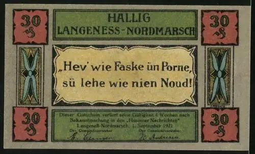 Notgeld Langeness-Nordmarsch 1921, 30 Pfennig, Fischer beim Keschern