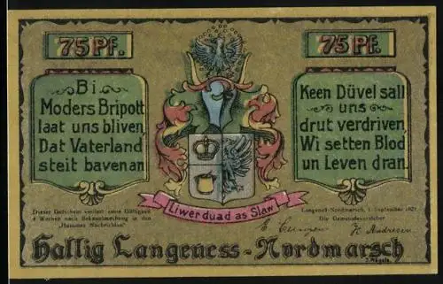 Notgeld Langeness-Nordmarsch 1921, 75 Pfennig, Mann schwingt deutsche Reichsflagge