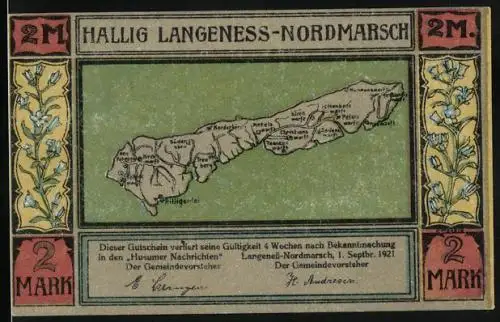 Notgeld Langeness-Nordmarsch 1921, 2 Mark, Karte der Insel