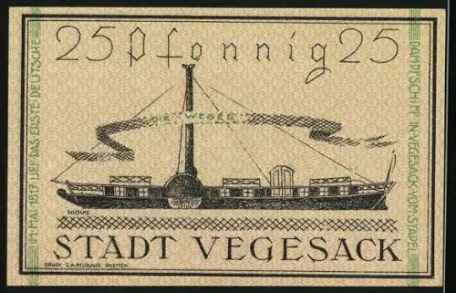Notgeld Vegesack 1921, 25 Pfennig, Raddampfer Die Weser