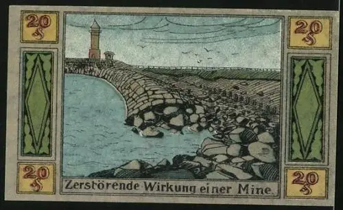 Notgeld Langeness-Nordmarsch 1921, 20 Pfennig, Zerstörende Wirkung einer Mine