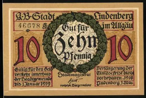 Notgeld Lindenberg im Allgäu 1918, 10 Pfennig, Ordnungshüter in Uniform mit Pfeife und Bajonett