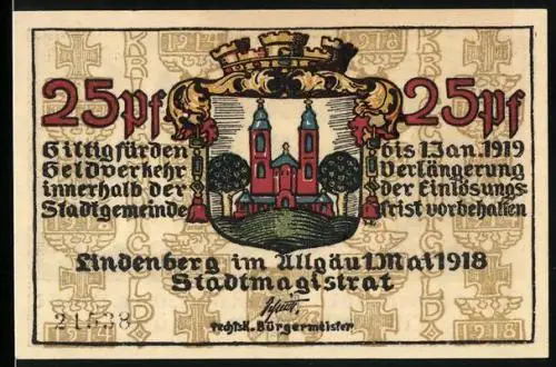 Notgeld Lindenberg im Allgäu 1918, 25 Pfennig, Bäuerin und Soldat in Uniform mit Marschgepäck