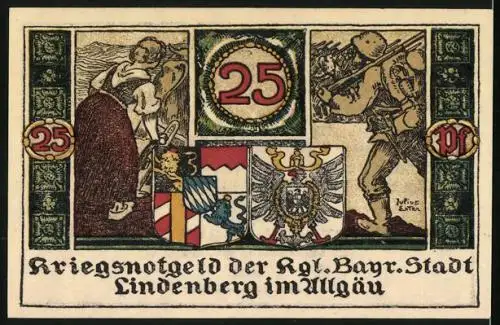 Notgeld Lindenberg im Allgäu 1918, 25 Pfennig, Bäuerin und Soldat in Uniform mit Marschgepäck