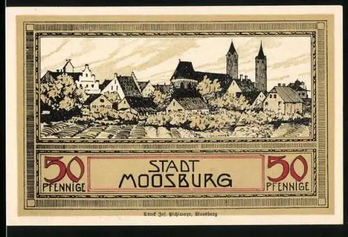 Notgeld Moosburg, 50 Pfennig, Ortsansicht mit Kirche