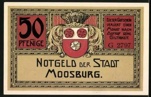 Notgeld Moosburg, 50 Pfennig, Ortsansicht mit Kirche