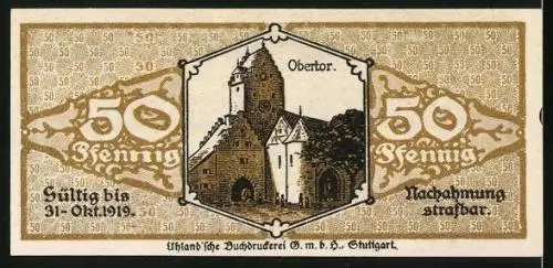 Notgeld Pfullendorf 1917, 50 Pfennig, Blick aufs Obertor