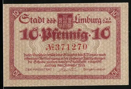 Notgeld Limburg a. d. Lahn 1918, 10 Pfennig, Berittener besiegt Drachen