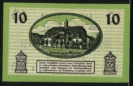 Notgeld Liebenwerda, 10 Pfennig, Blick aufs Rathaus