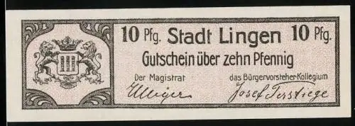 Notgeld Lingen, 10 Pfennig, Stadtwappen mit zwei Löwen