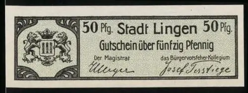 Notgeld Lingen, 50 Pfennig, Stadtwappen mit zwei Löwen