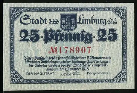 Notgeld Limburg a. d. Lahn 1918, 25 Pfennig, Berittener Soldat besiegt Drachen