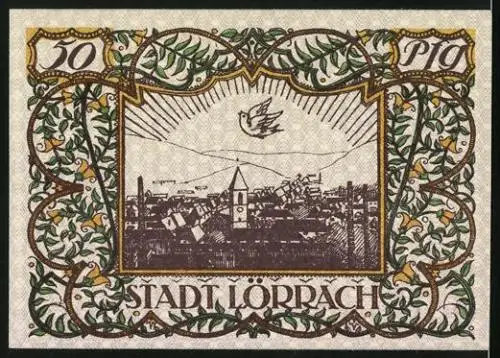Notgeld Lörrach 1920, 50 Pfennig, Ortsansicht mit Friedenstaube