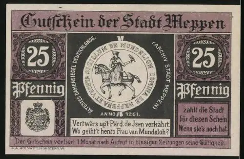Notgeld Meppen 1921, 25 Pfennig, Blick auf das Rathaus, Damensiegel