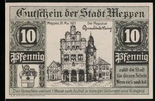 Notgeld Meppen 1921, 10 Pfennig, Rathaus und Torfstecher