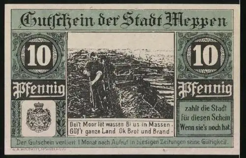 Notgeld Meppen 1921, 10 Pfennig, Rathaus und Torfstecher